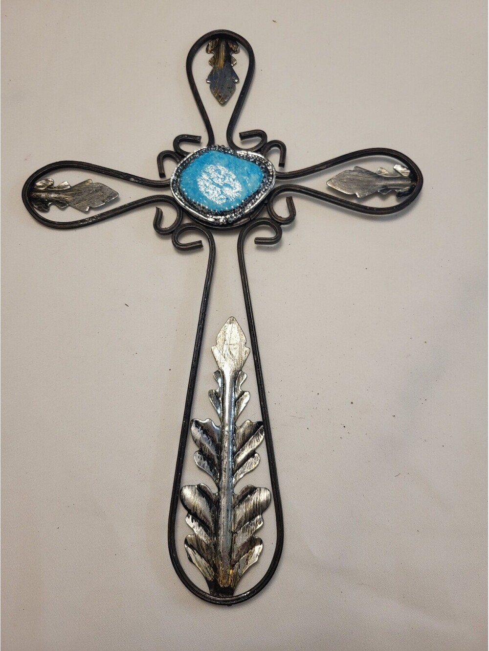 Handmade Decorative Metal 15v10.5" Cross  Blue Center Accent